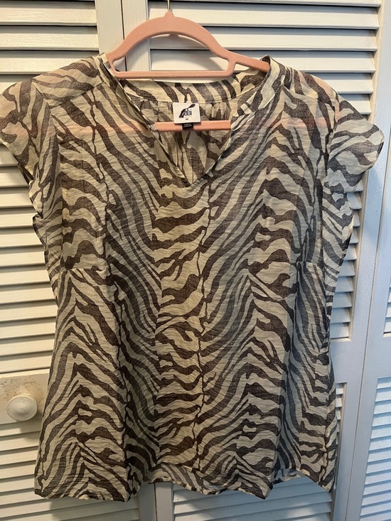 CAbi Tops - #1767**CAbi Ivory and Brown Zebra-Print V-Neck Blouse